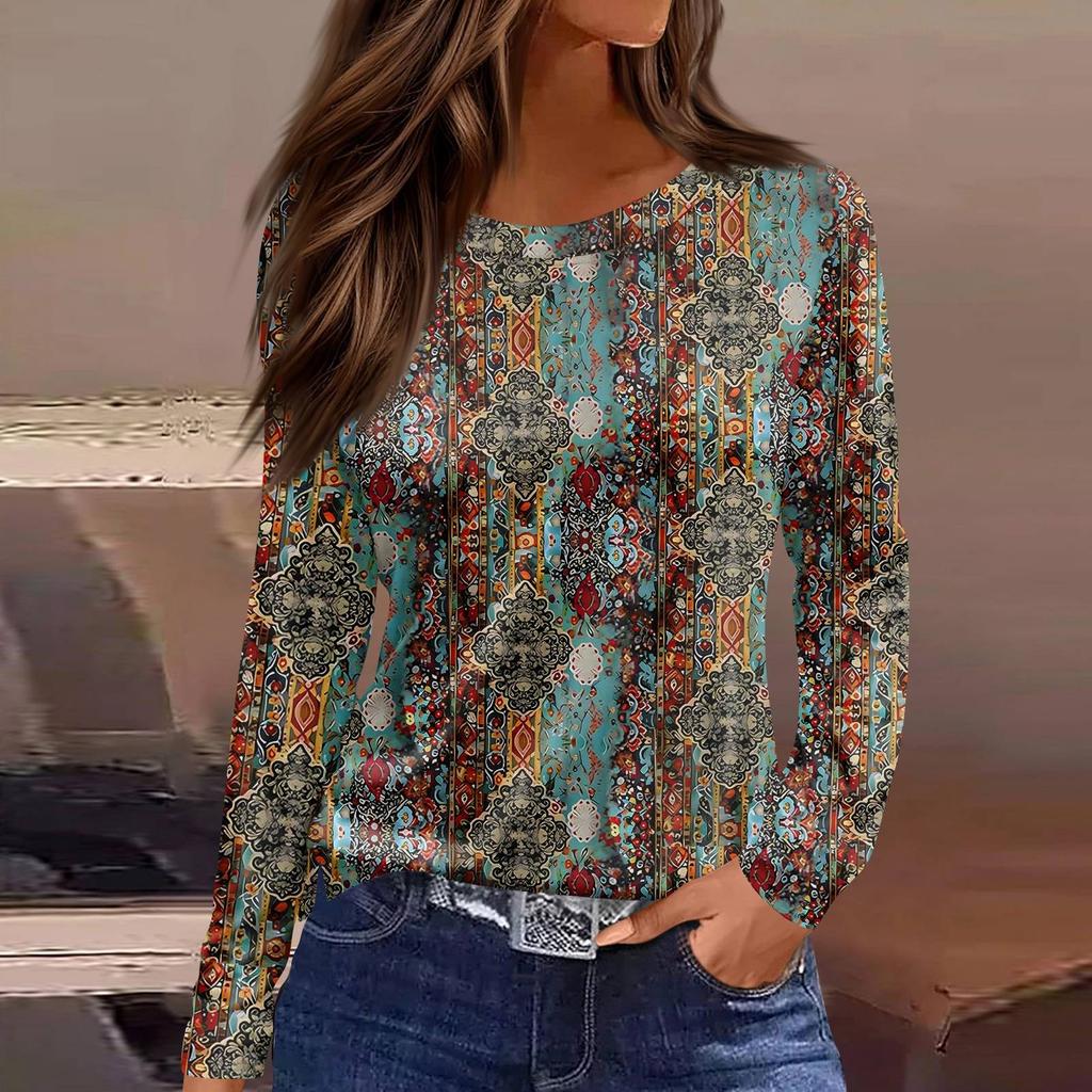 Damen Täglich Lässig Langärmlig Bedruckt O-Ausschnitt Oberteil