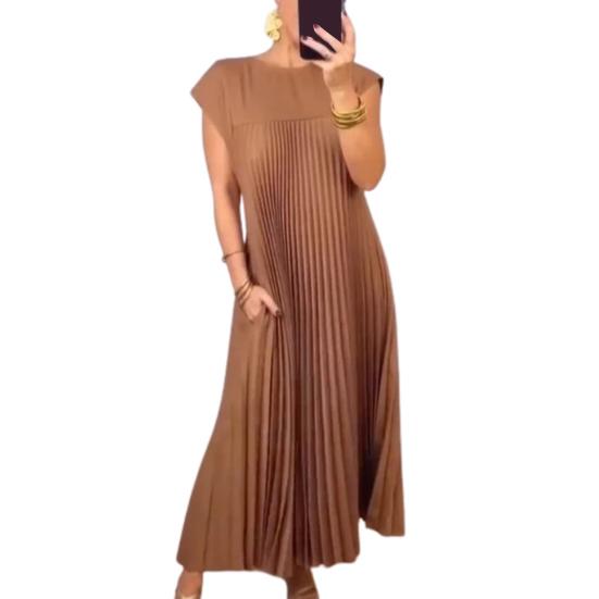 Summer Women Dress Pleated Sleeveless Round Neck Loose Solid Color Breathable Soft A-line Side Pockets Ankle Length Casual Commute Vacation Beach Maxi