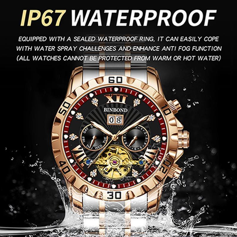 BINBOND Fashion Tourbillon Automatic Watch Men Luxury Skeleton Mechanical Wristwatch Stainless Steel Wristwatches