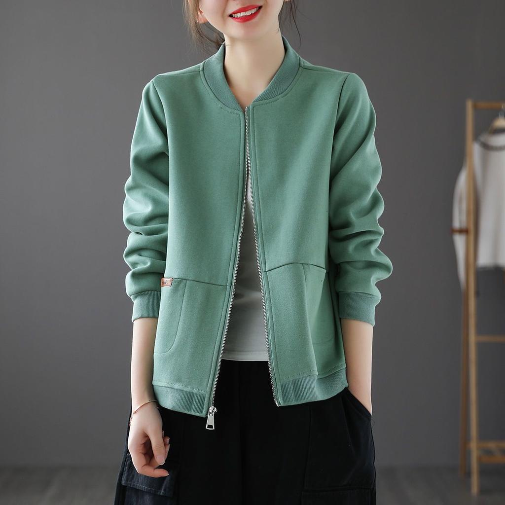 Women's Spring and Autumn Short Solid Color Jacket Loose Zipper Round Neck Casual Baseball Apparel