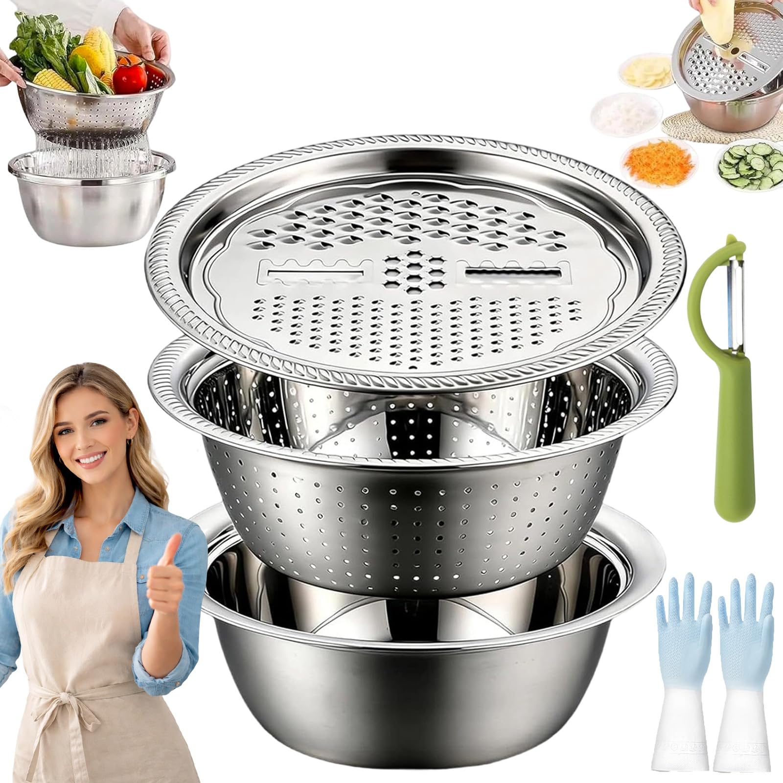 2026 New Germany Multifunctional Stainless Steel Basin, 3 in 1 Stainless Steel Basin and Grater Set, Colander Basin Mixing Bowl Set, Food Graters