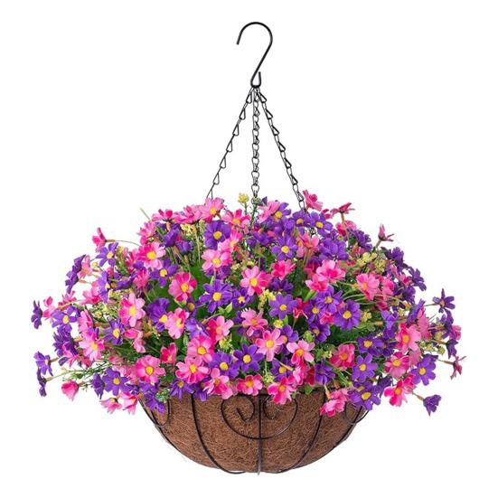 Yousheng Artificial Hanging Flowers Basket UV Resistant Outdoor Fake Hanging Plants Colorful Faux Silk Flowers Eucalyptus In Basket for Porch Patio