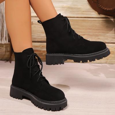 Mode Schwarze Wildlederimitat Stiefeletten für Damen 2024 Herbst Winter Dicke Sohle Schnürschuhe Damenmode Motorrad-Plateau-Stiefel Mujer