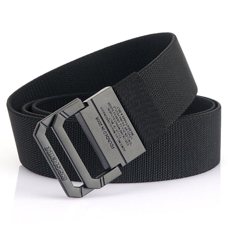 Unisex Black Metal Double Ring Buckle Elastic Canvas Belt for All Seasons