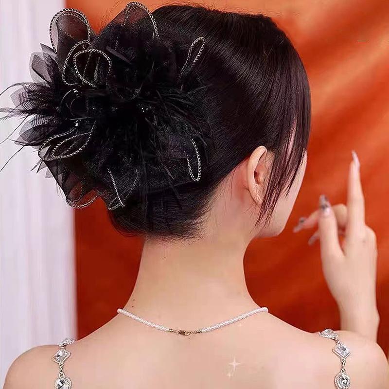 Korean Mesh Feather Clip Hairpin Large Hair Clip Black Fluffy Fur Hair Claw Shark Clip Ponytail Clips Hair Accessories