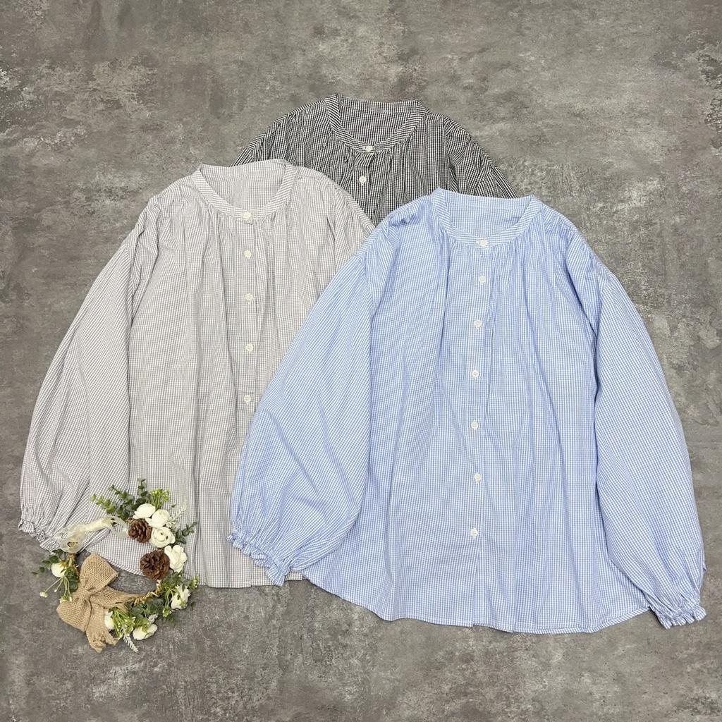 Johnature Japanese Plaid Cotton Shirt Autumn  Forest Literary Round Neck Single-breasted Long-sleeved Versatile Tops Women