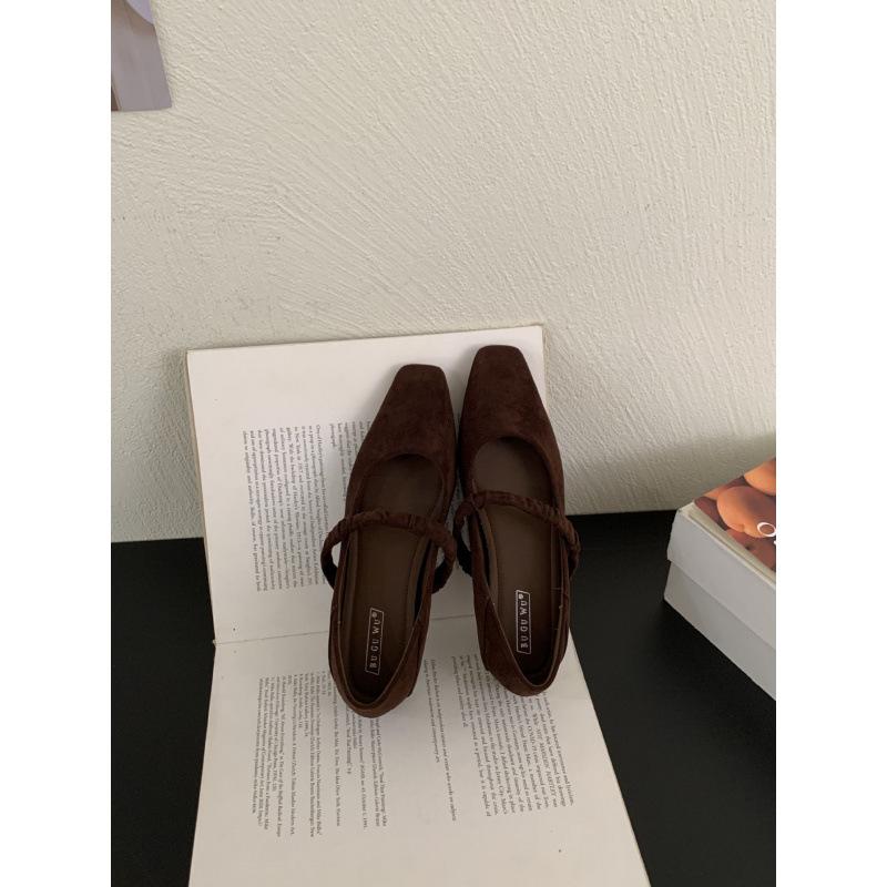 Retro firkantet tå grunt utringet enkle sko dame vår ny fransk semsket skinn mild fe myk flate Mary Jane-sko