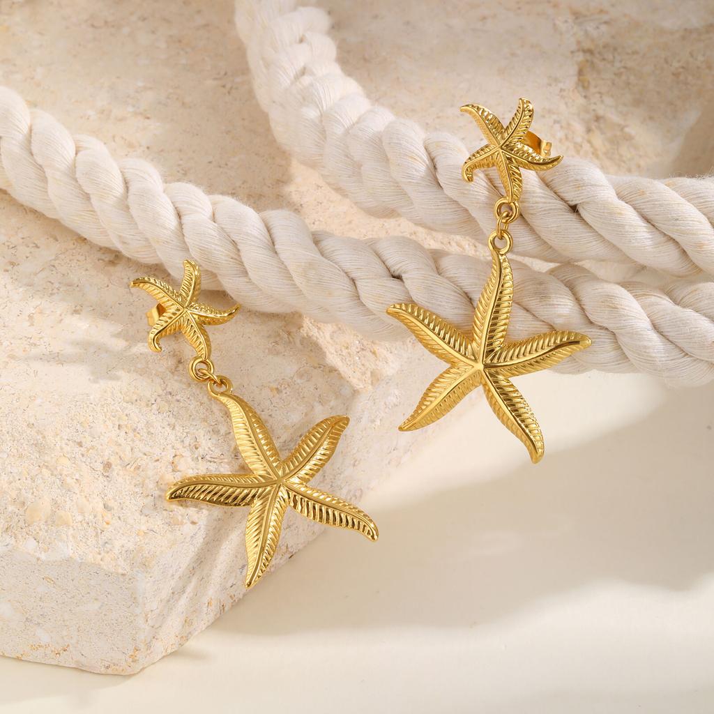 Starfish Drop Dangle Earring for Women, Gold Plated Stainless Steel Beach Sea Earrings, Waterproof Summer Ocean Jewelry