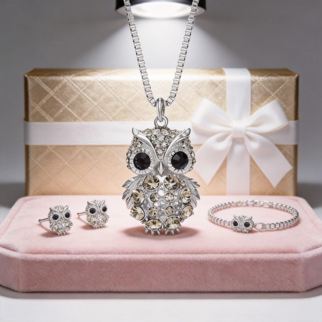 Owl Pendant Necklace For Women With Gemstone Embellishments Long Chain Jewelry Gift