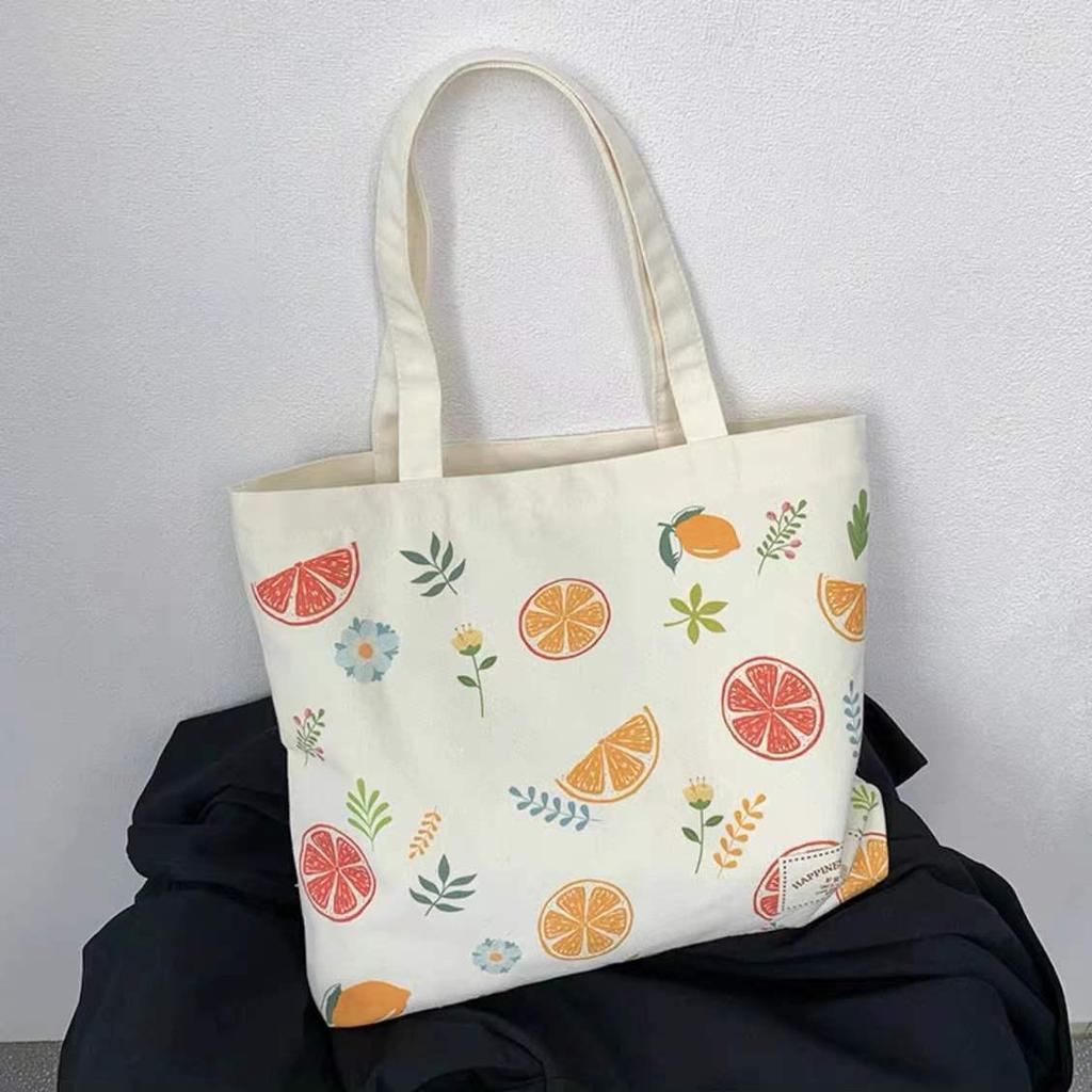 Summer Fresh Canvas Tote Bag - Women's Literary Fruit Design, Shoulder Bag for Books and Class