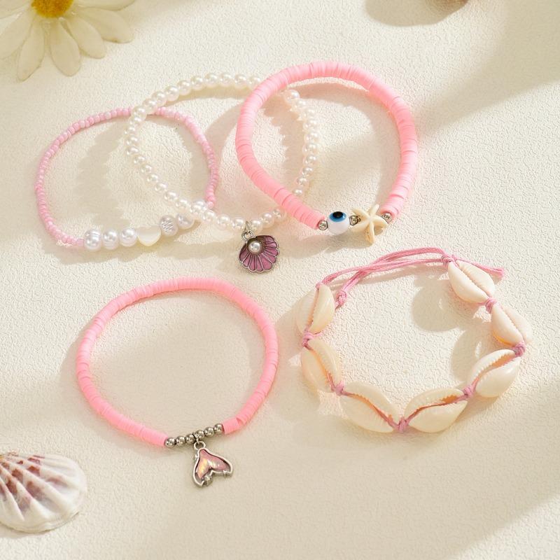 Shell Bracelet Jewelry, Summer Ocean Wind Starfish Jewelry, Pink Soft Pottery Pearl Bracelet for Women