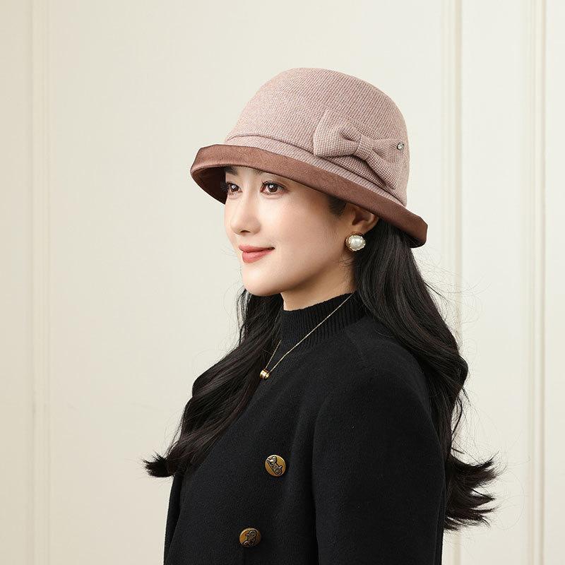 Tempérament chapeau seau à carreaux fins avec nœud pour femmes automne et hiver polyvalent petit visage élégant chapeau cloche en laine