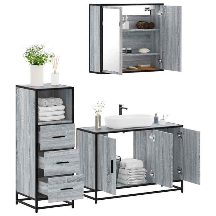 VidaXL Ensemble De Meubles De Salle De Bain 3 Pcs Sonoma Grey, Bathroom Cabinet, Bathroom Cupboard, Furniture of 3301013