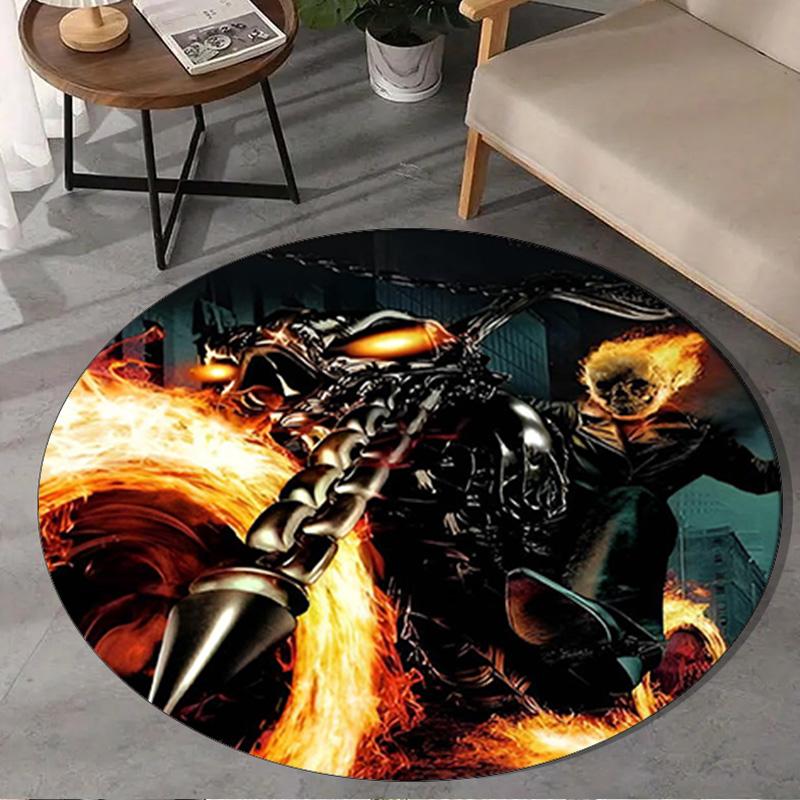1PC Rider On Fire Round Rug, Non-slip Chair Mat, Home Decor, Circle Carpet Perfect for Office, Bedroom, Living Room,Christmas gift