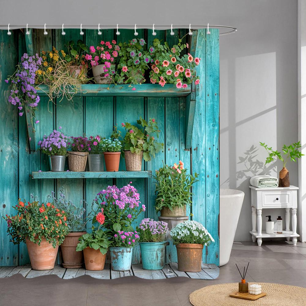 

Outdoor Garden Poster Shower Curtain Vintage Window Wall Growing Floral Plants Polyester Fabric Shower Curtains Bathroom Decor 120x180cm