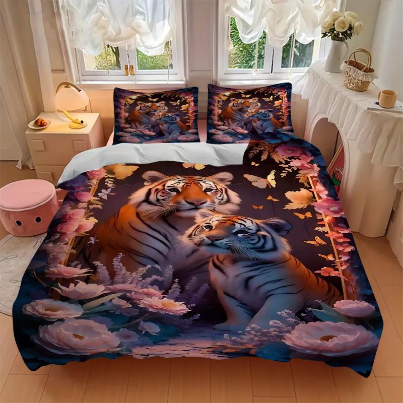 3-teiliges Tigerfamilie Bettwäsche-Set - Enthält 1 Bettbezug und 2 Kissenbezüge, Kein Bettdeckenbezug, Ganzjahres-Heimdekoration yy251111044