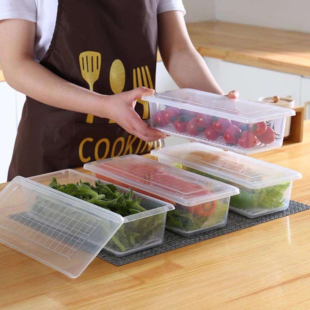 New Transparent Food Storage Box Drain Tray with Lid Refrigerator Organizer Sealed Fresh-Keeping Box Refrigerator