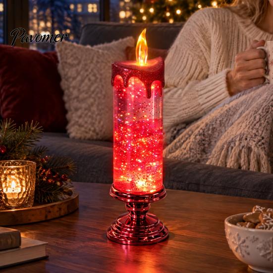 Flameless Candle Lantern Christmas LED Lamp, Glimmering Glitter Glow with Sparkling Room Ornament Simulated Flame, Holiday Tabletop Decoration