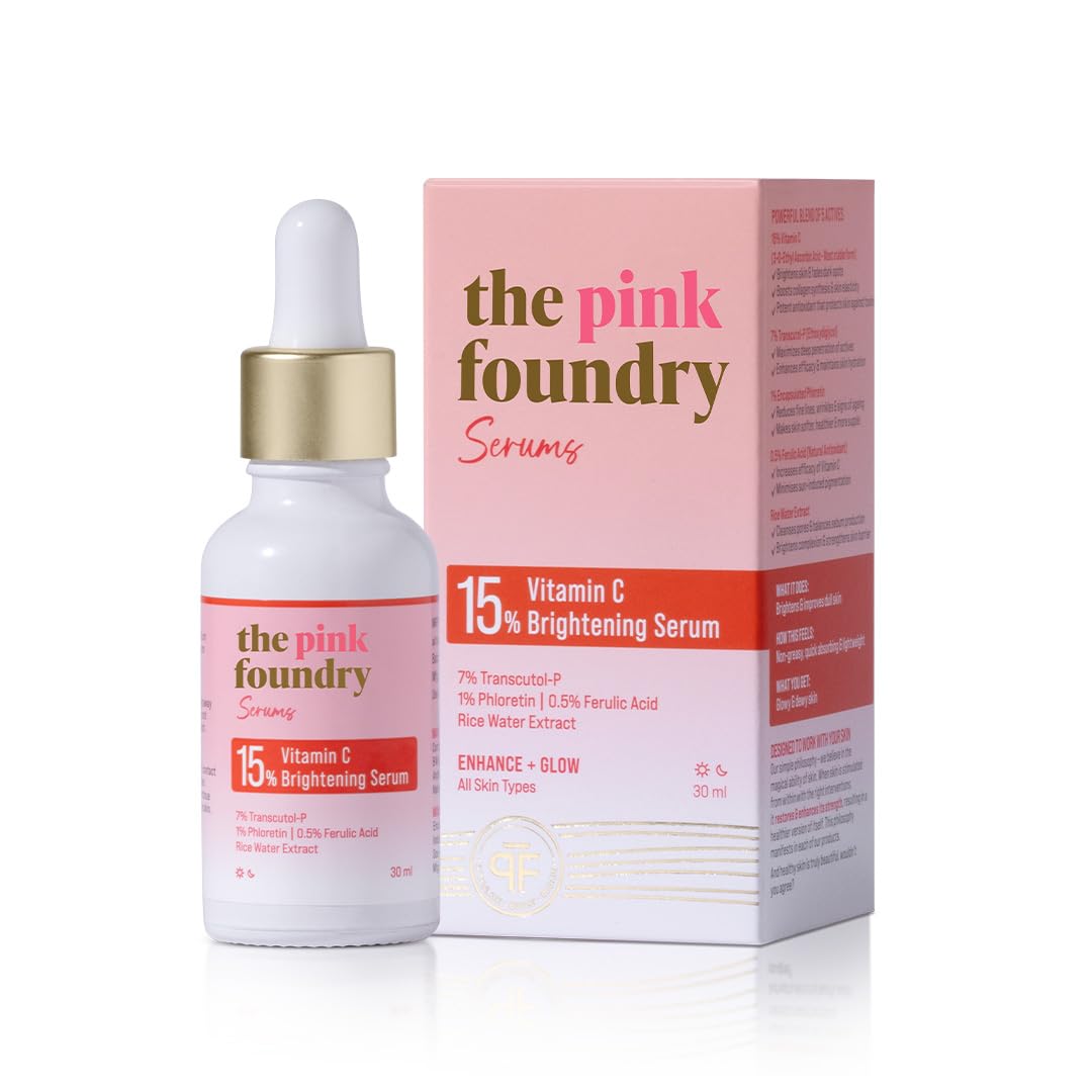 The Pink Foundry 15% Vitamin C Face Birghtening Serum | for Glowing Skin | Improves Dull Skin with 7% Transcutol-P, Phloretin & Rice Water | Light