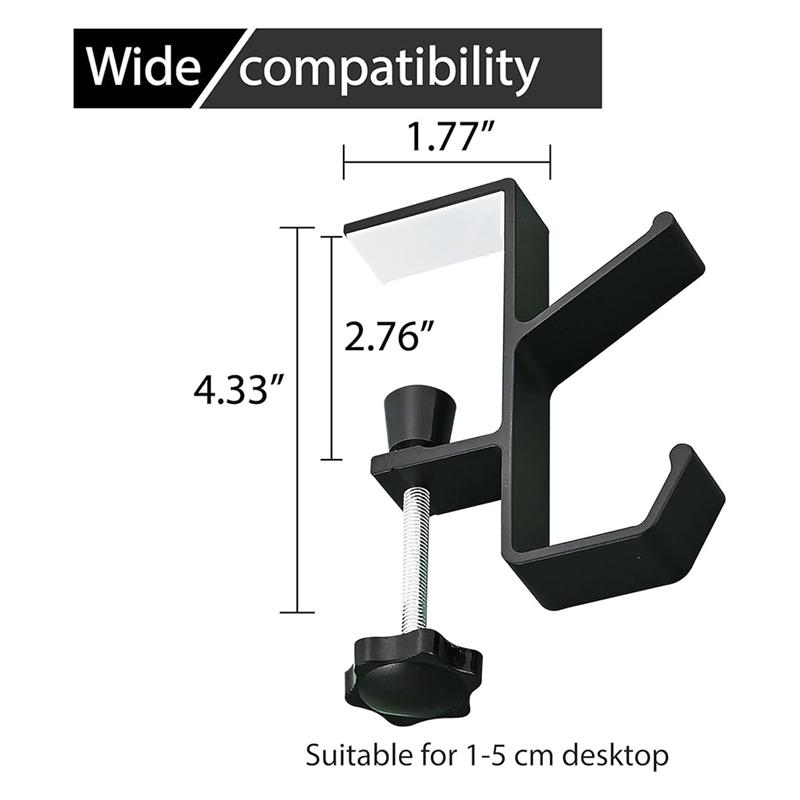 Adjustable Desk Hook Set-Black Anti-Slip Design, 3 Pieces For Bags, Headphones Storage Clamp