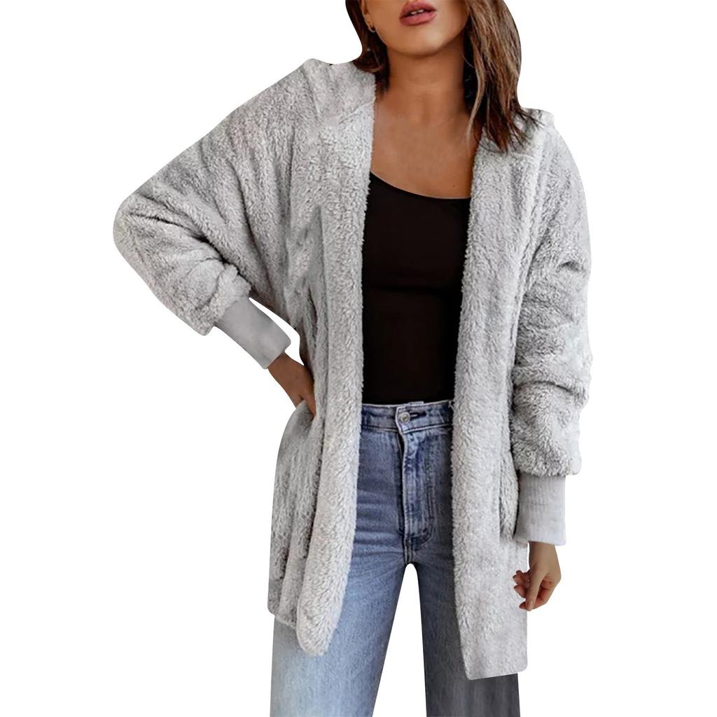 Women's Fashion Cardigan Solid Color Plush Long Sleeve Top Coat