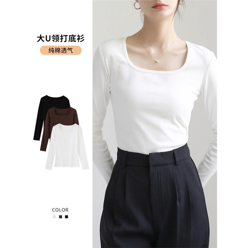 Women's Square Neck Long Sleeve T-Shirt Slim Fit Solid Cotton Casual Basic Undershirt Autumn Commuter Top
