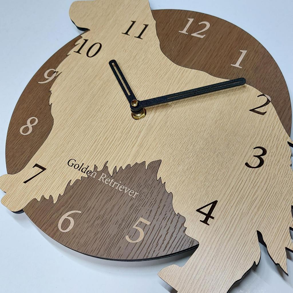A stylish wooden wall clock featuring a golden retriever in This analog clock is perfect for or any beige. silent, bedrooms, homes, room.
