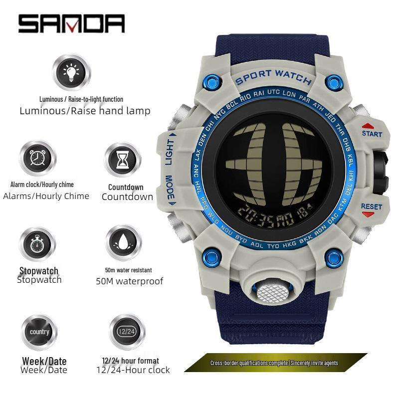 Sanda Multifunctional Waterproof Luminous Electronic Watch for Students – Unisex with Raise Hand Light Feature.