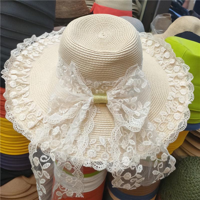 

Summer Straw Hat Wide Brim Floppy Beach Sun Hat Lace Big Bow бежевий