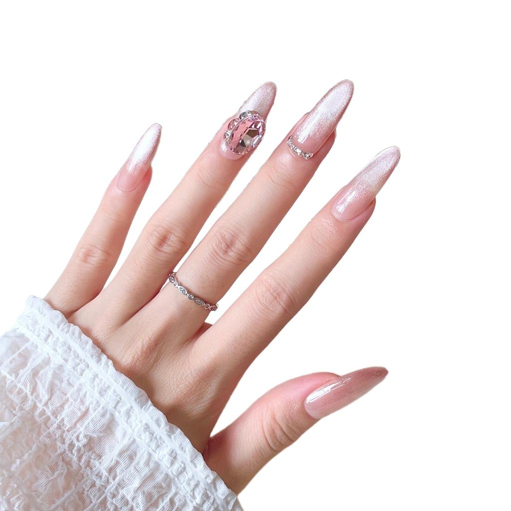 Original Photographyhandmade Nail Patch For Therapy New Trendy Luxury Long Cat Eye Nail With Sparkling Gems S44 Almond Love Girl)