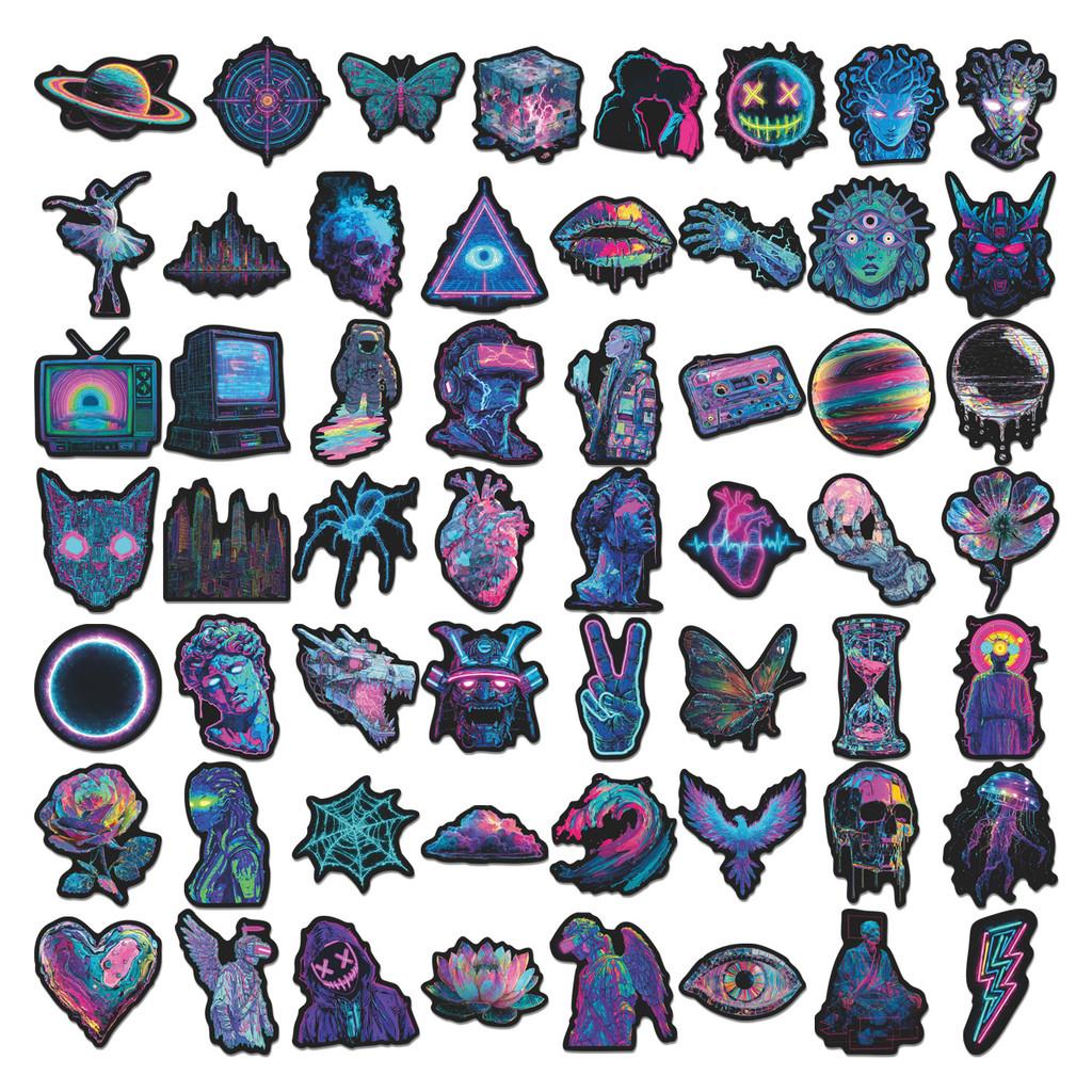 56Pcs Pvc Cyberpunk Neon Creative Stickers Journal Diy Notebook Decor Stationery Set Animeworlds Store