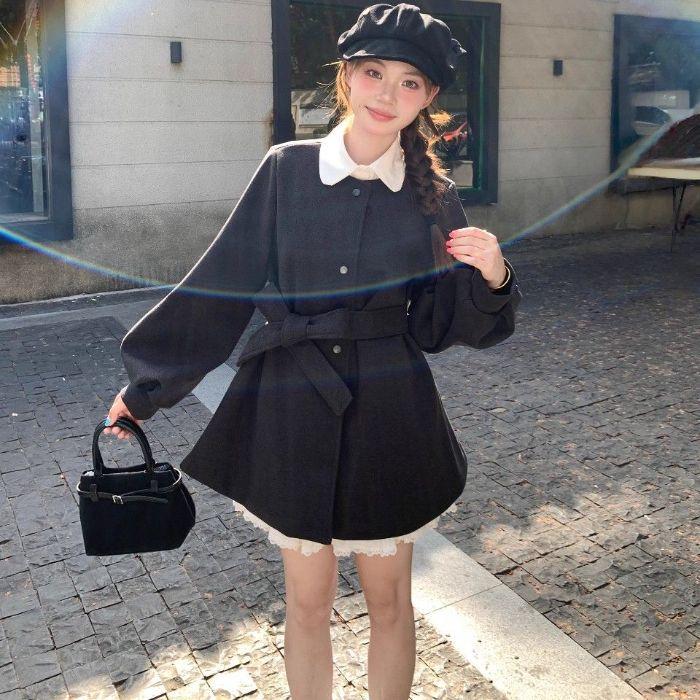 

French Style Lace-Up Lantern Sleeve Woolen Dress Coat for Women Small темно-сірий
