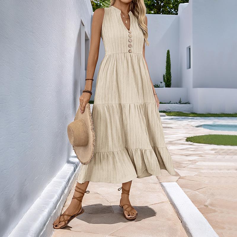 2025 Summer New Simple Style Medium and Long Dress Button Solid Color V-neck Sleeveless Dress