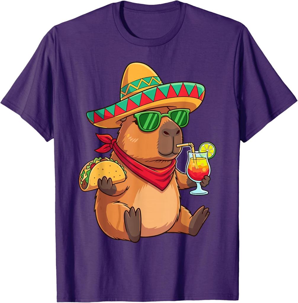 Capybara Sombrero Taco Drink Summer Fiesta Graphic Tee Shirt Casual Breathable Men