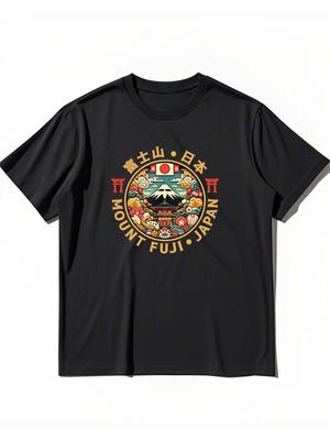 Fuji Design mit japanischer Landschaft Anime Z00015 [T&S] Berg. T-Shirt Druck, Stil, Lässig, Weiß/Schwarz, Unisex, (JP, Alphabet, 2XL, Schwarz)