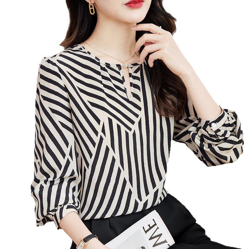 Silk shirt women's long-sleeved new spring mulberry silk top striped shirt