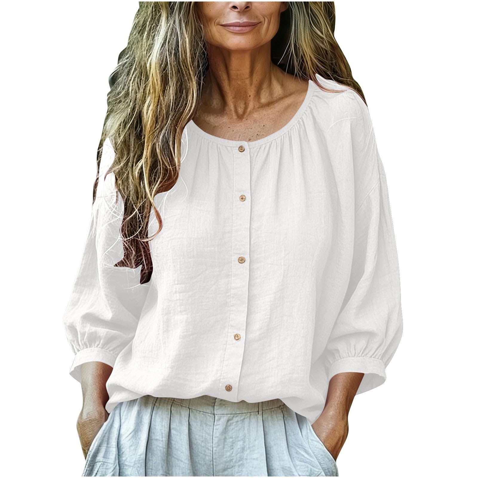 

Women s Ffashionable Color Round Neck Seven Quarter Sleeve Loose Pullover Top XL білий