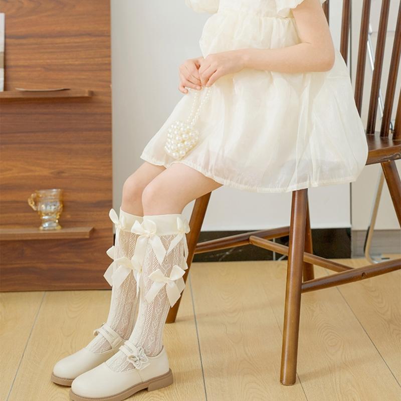 Lovely Girls Knee Length Socks for Youth, Sweet Bowknot Charm Middle Tube Socks for Stage Performances and Parties