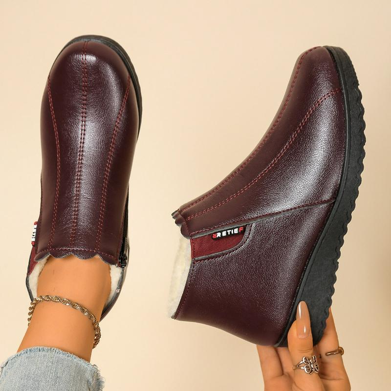 Women Boots Flat Snow Boots Winter Warm Fleece Lined Cotton Shoes Lightweight Plush Ankle Boots Non-slip Pu Leather Casual Shoes
