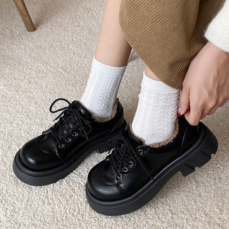 College Style Velvet Small Leather Shoes Women's Autumn and Winter New Lamb Wool Shoes Thick Sole Heightening Lace-up Loafers