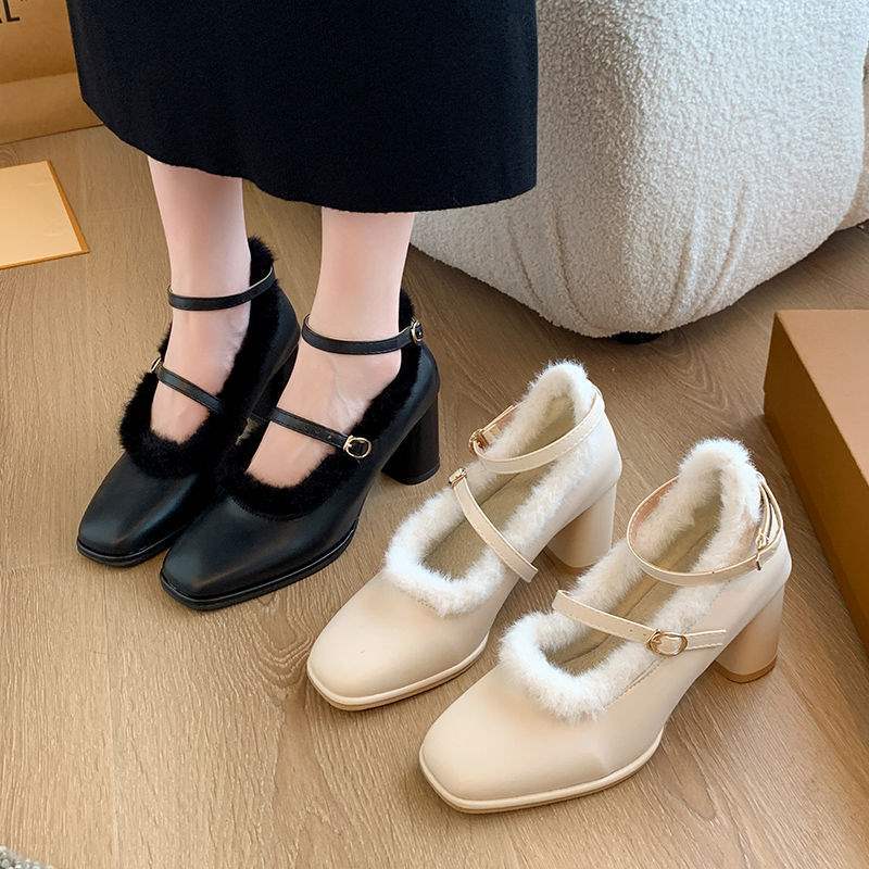 Autumn and winter velvet French fairy one-word buckle high heels women's thick heel bridesmaid shoes medium heel fluffy Mary Jane single shoes