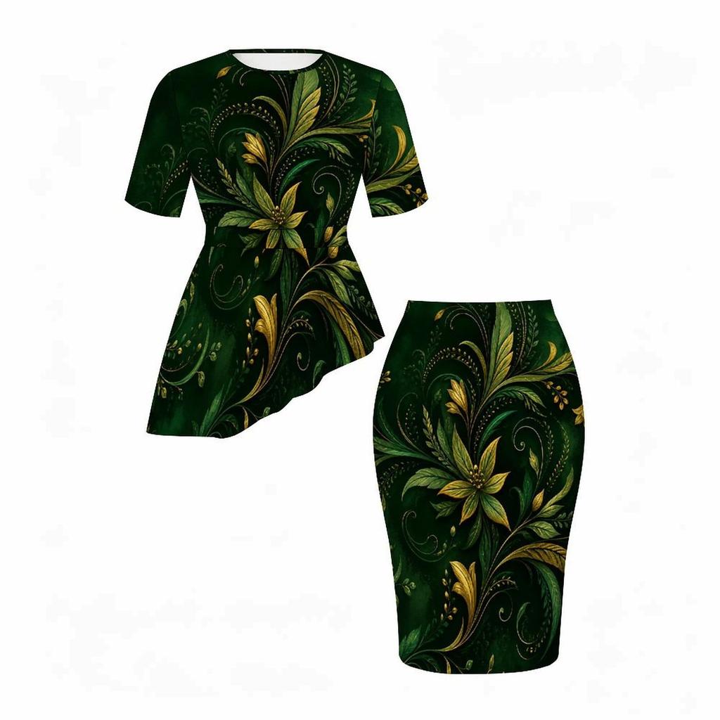 Women Plus Size Dark Green Gold Floral Printed Round Neck Short Sleeve Asymmetric Top Fitted Skirt Two Piece Set