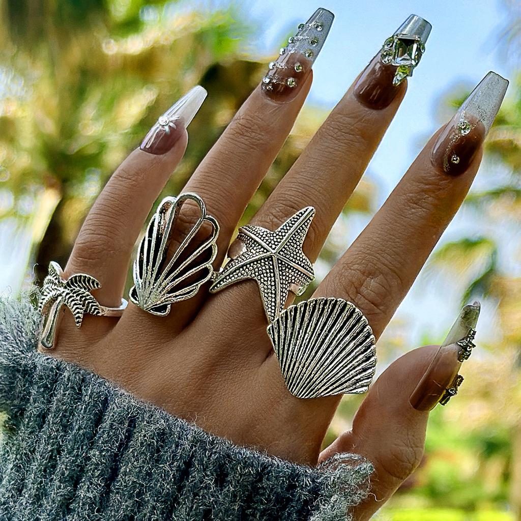 European and American Bohemian Starfish Scallop Ring Beach Style Coconut Tree Butterfly Carved Vintage Ring Set