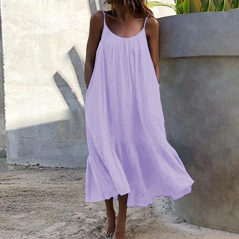 Summer Loose Ruffle Edge A-line Large Size Dress Solid Color Long Dresses Fashion Sleeveless Casual Sweet Suspender Strap Party Simple Elegant Dress