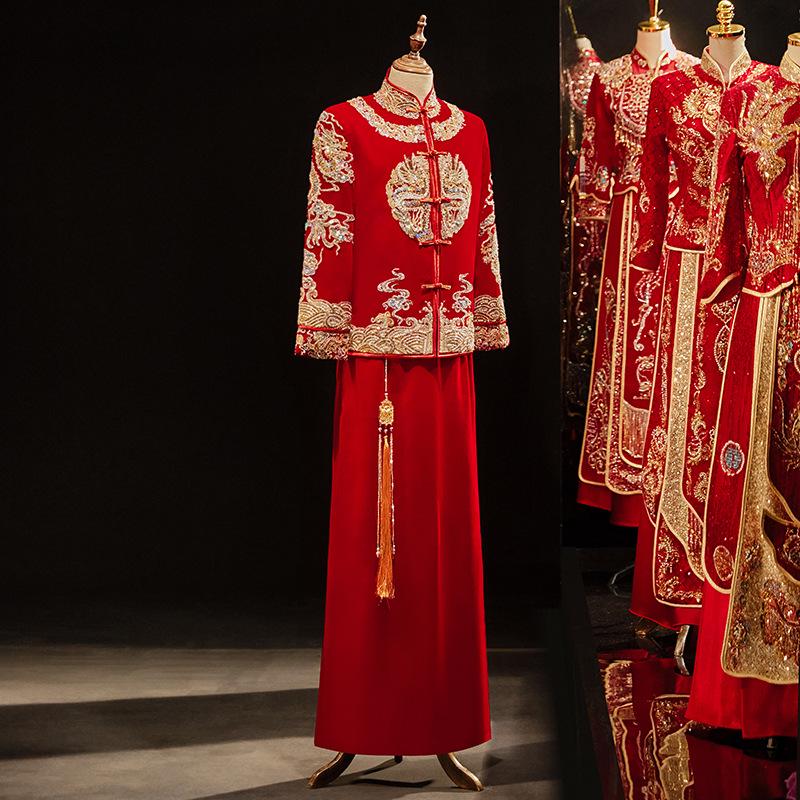 Men's 2024 Xiuhe Velvet Wedding Suit: Chinese Groom Dragon & Phoenix Gown, Plus Size Available