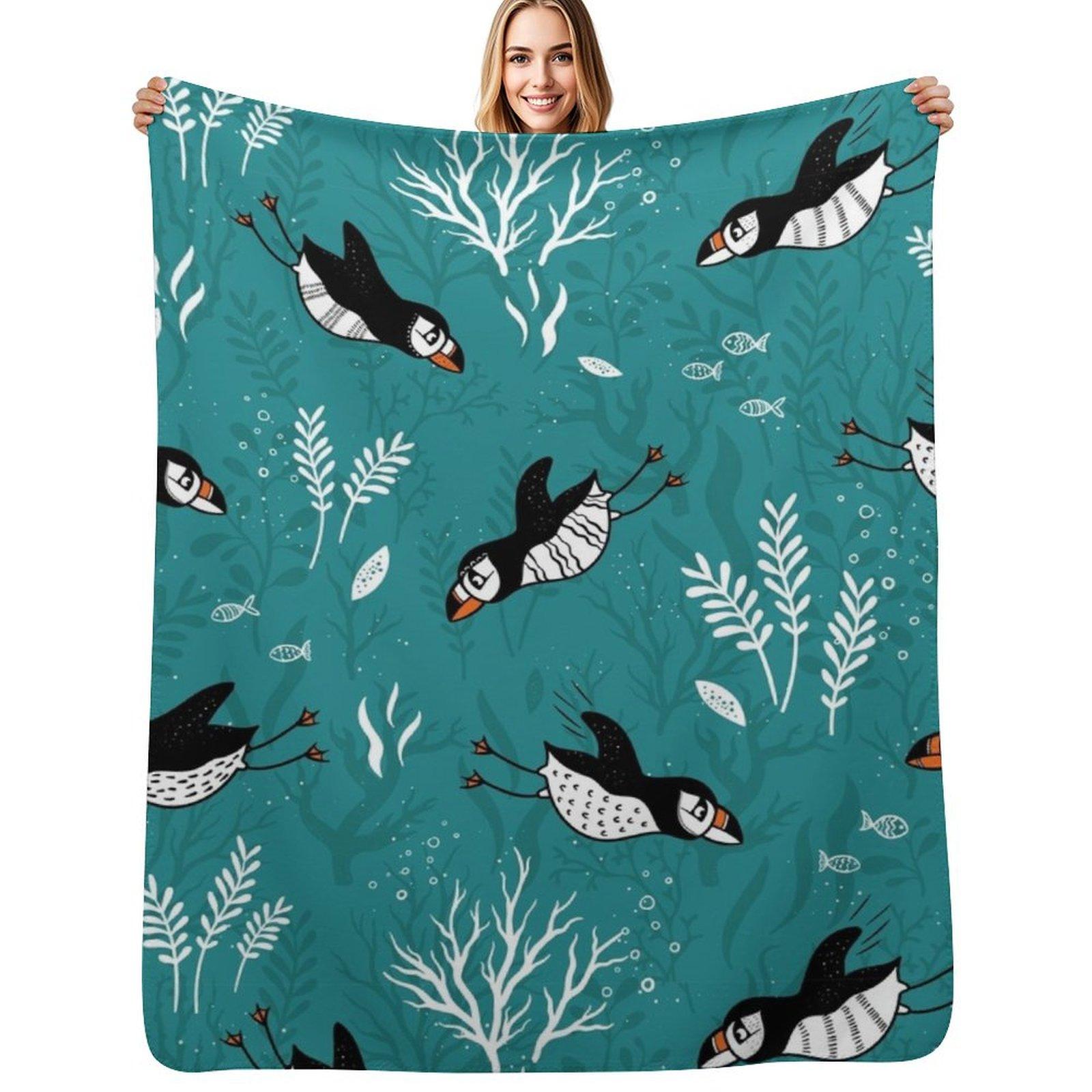 Puffin under water Throw Blanket Thin Soft Blanket for Summer Night Sleeping Size: 75*100cm, Weight: 230 GSM