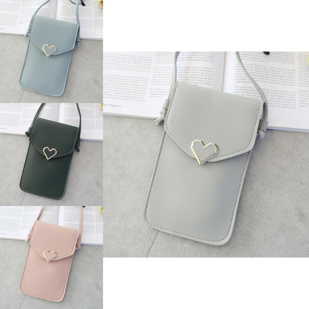 Stylish Women Simple Pu Leather Heart-shaped Decor Transparent Touch-screen Mobile Phone Bag