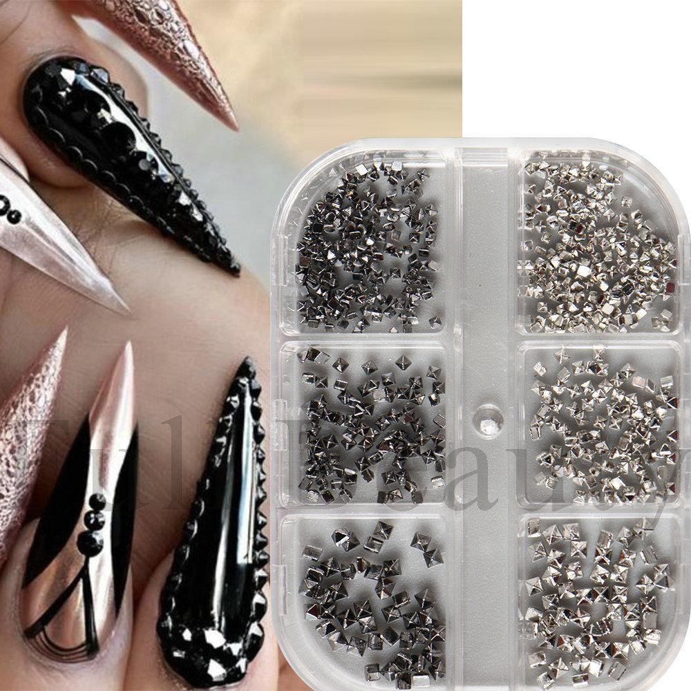 Nail Art Jewelry 6-Grid Box Black Silver Gold Square Rivet Punk Nail Jewelry
