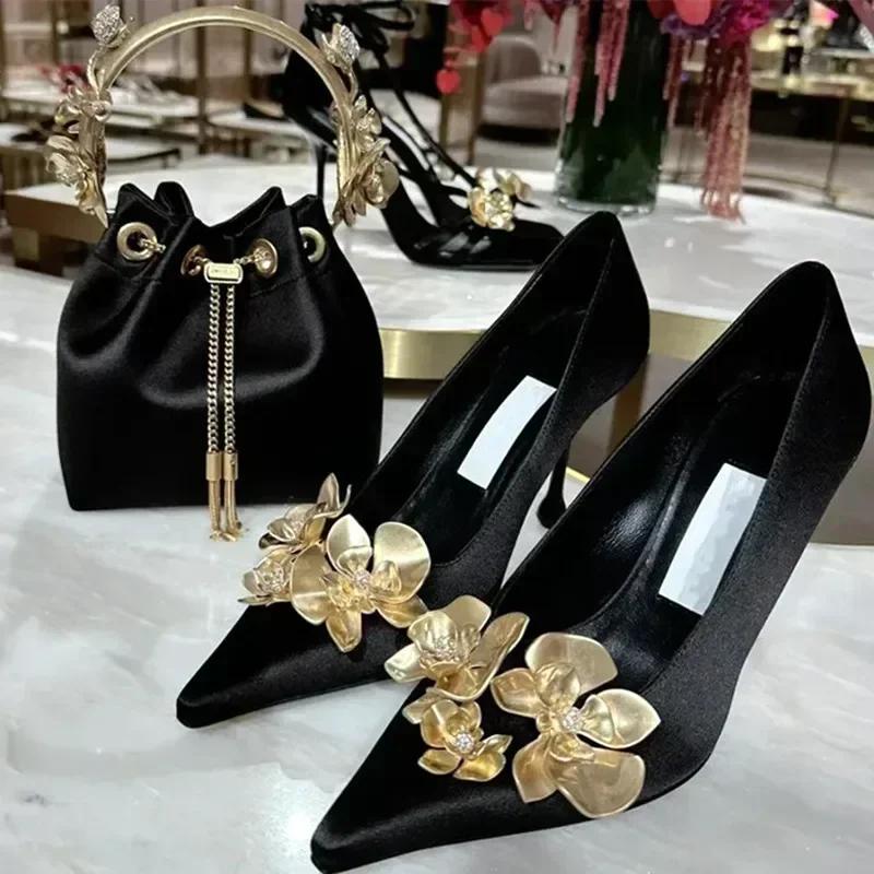 Fashion Luxury Satin Designer Women Pumps 2025 Sexy Pointed Toe Gold Flower Decoration Thin High Heels Fashion Banquet Dress Mules Shoes