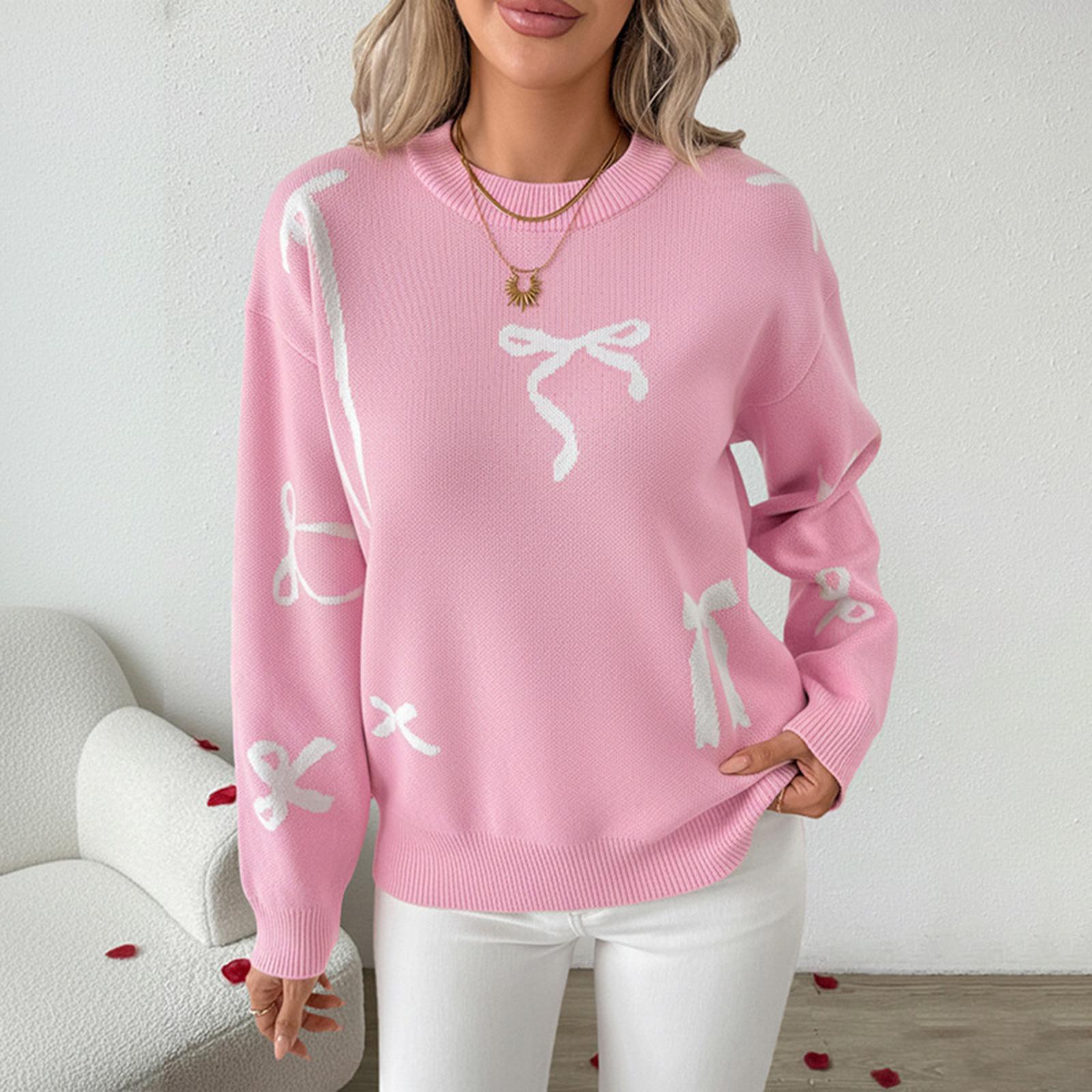 

Women s Valentine Sweater Fashionable Cute Bow Thick Knit Pullover Round Neck Loose Casual Top S рожевий